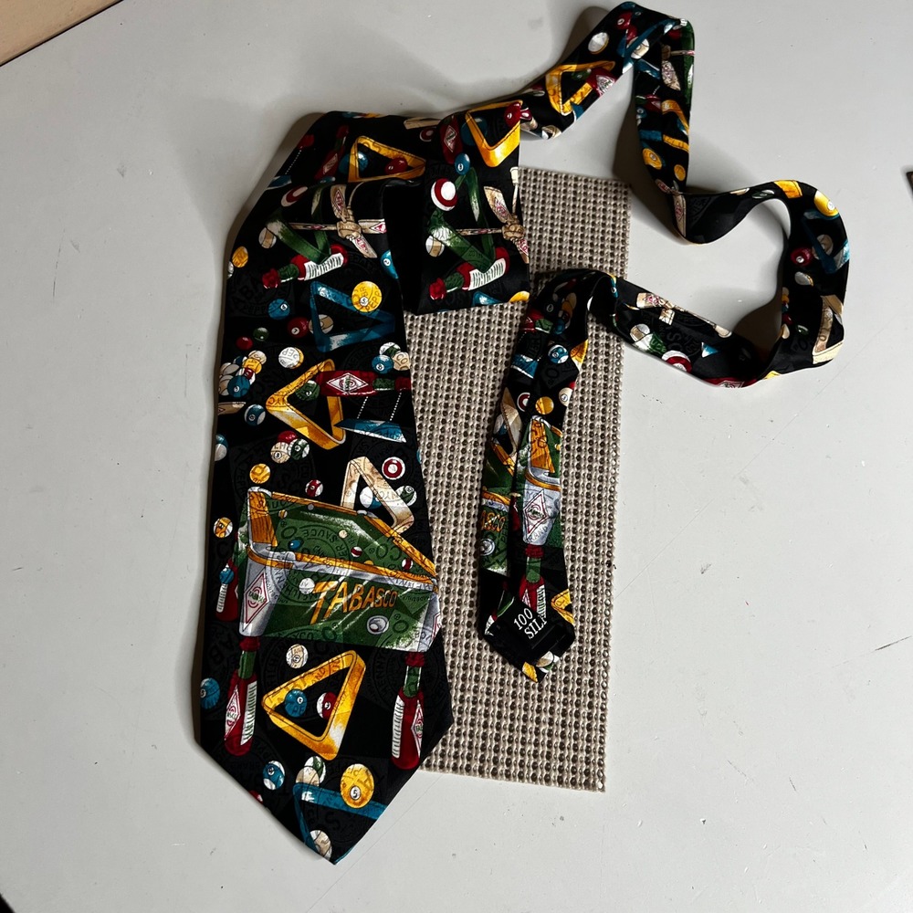 Tabasco Mens Silk Tie Billiards Pool Table Hot Sauce Novelty Print Black Red